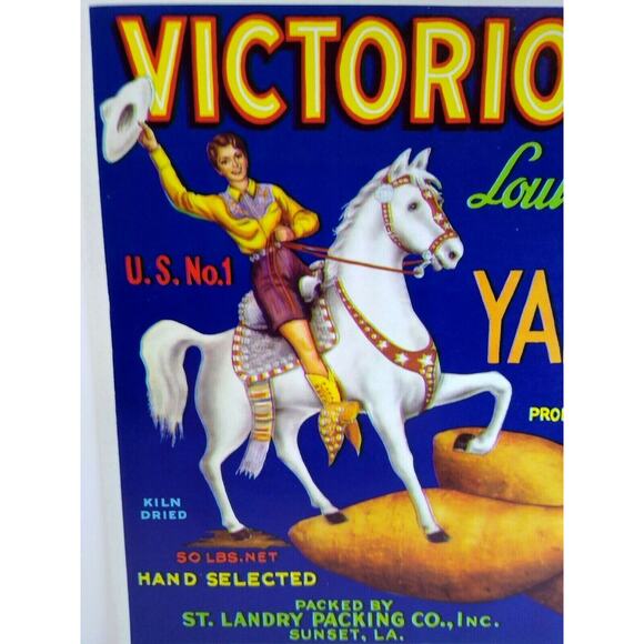 Victorious Cowgirl White Horse Western Cowboy Yams Label Vintage Original 1950's - Picture 2 of 4